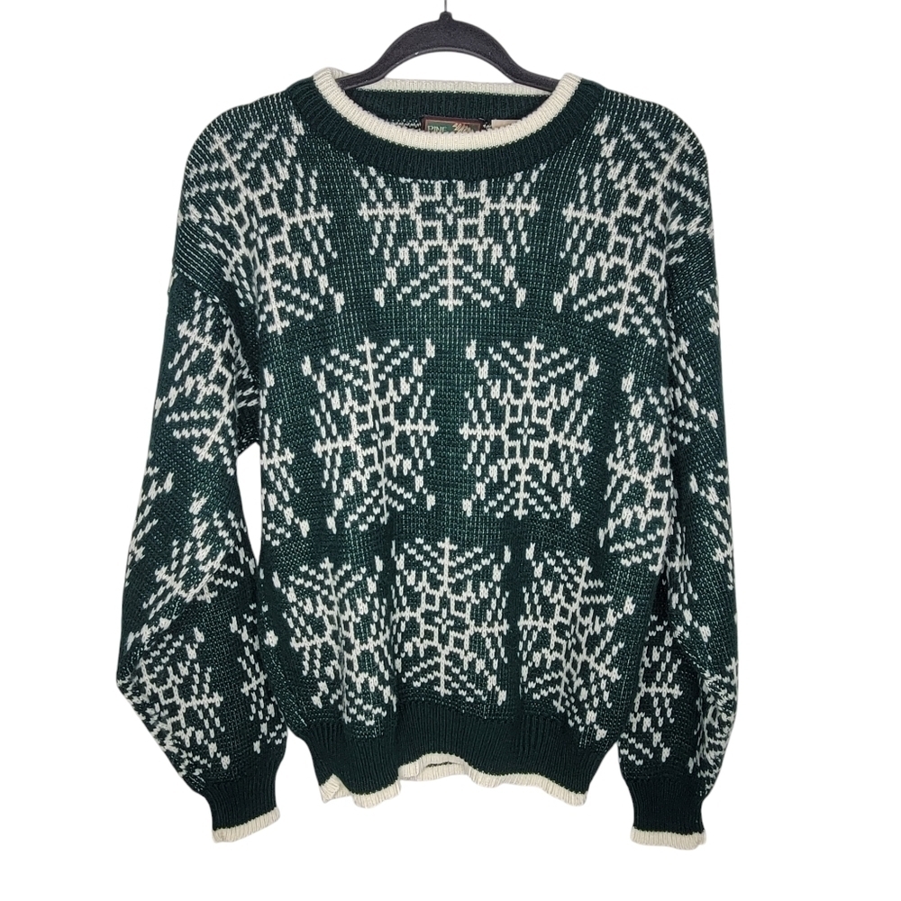 Vintage 90s Snowflake Green White Crewneck Sweater Size Medium